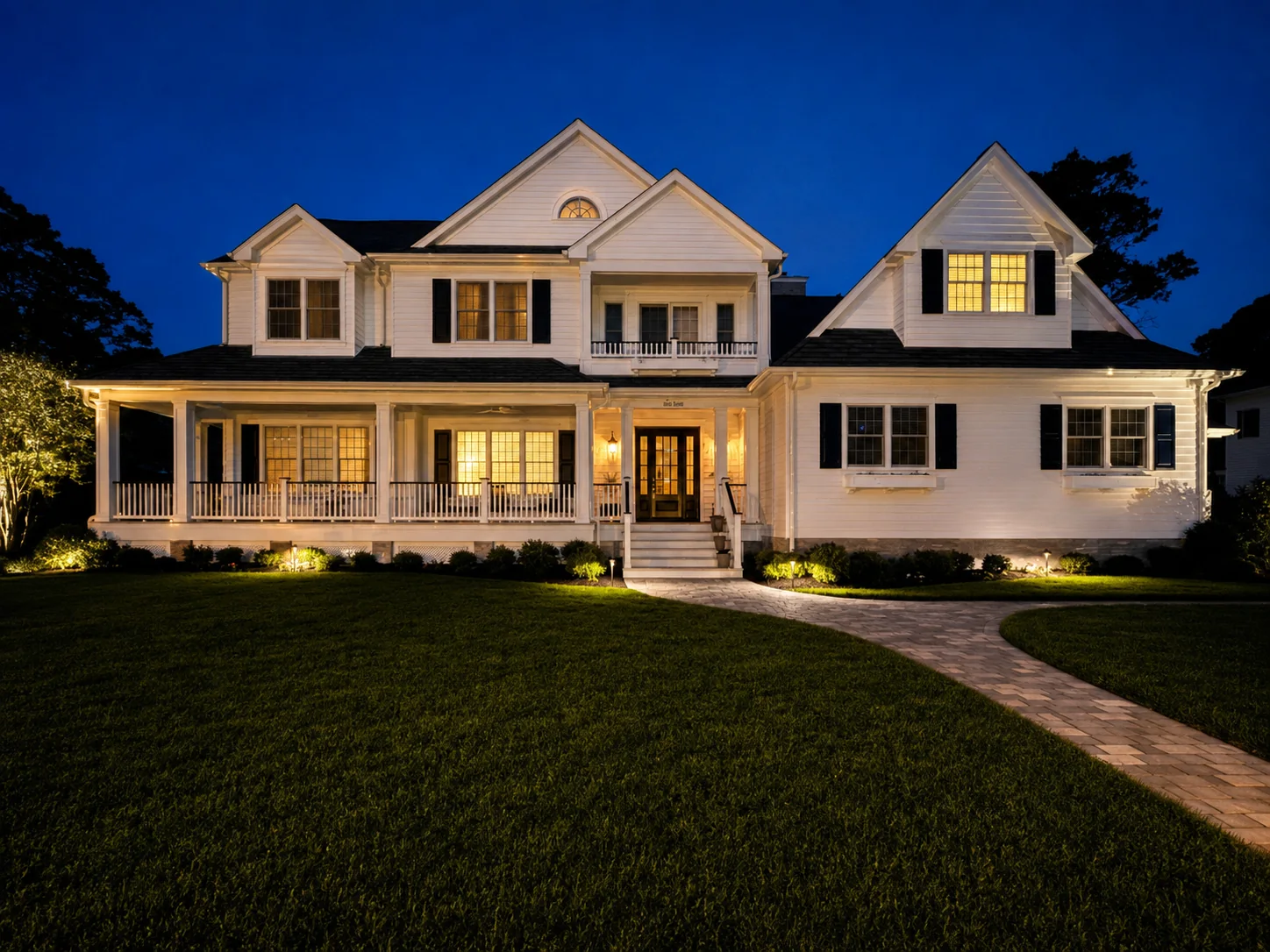 Traditional home with refined outdoor lighting